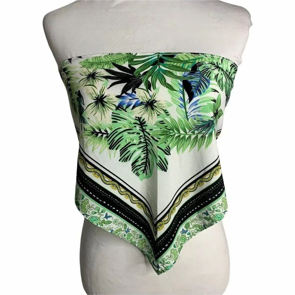 Scarf Print Bandana Point Tube Top S White Green Leaves Tie Back